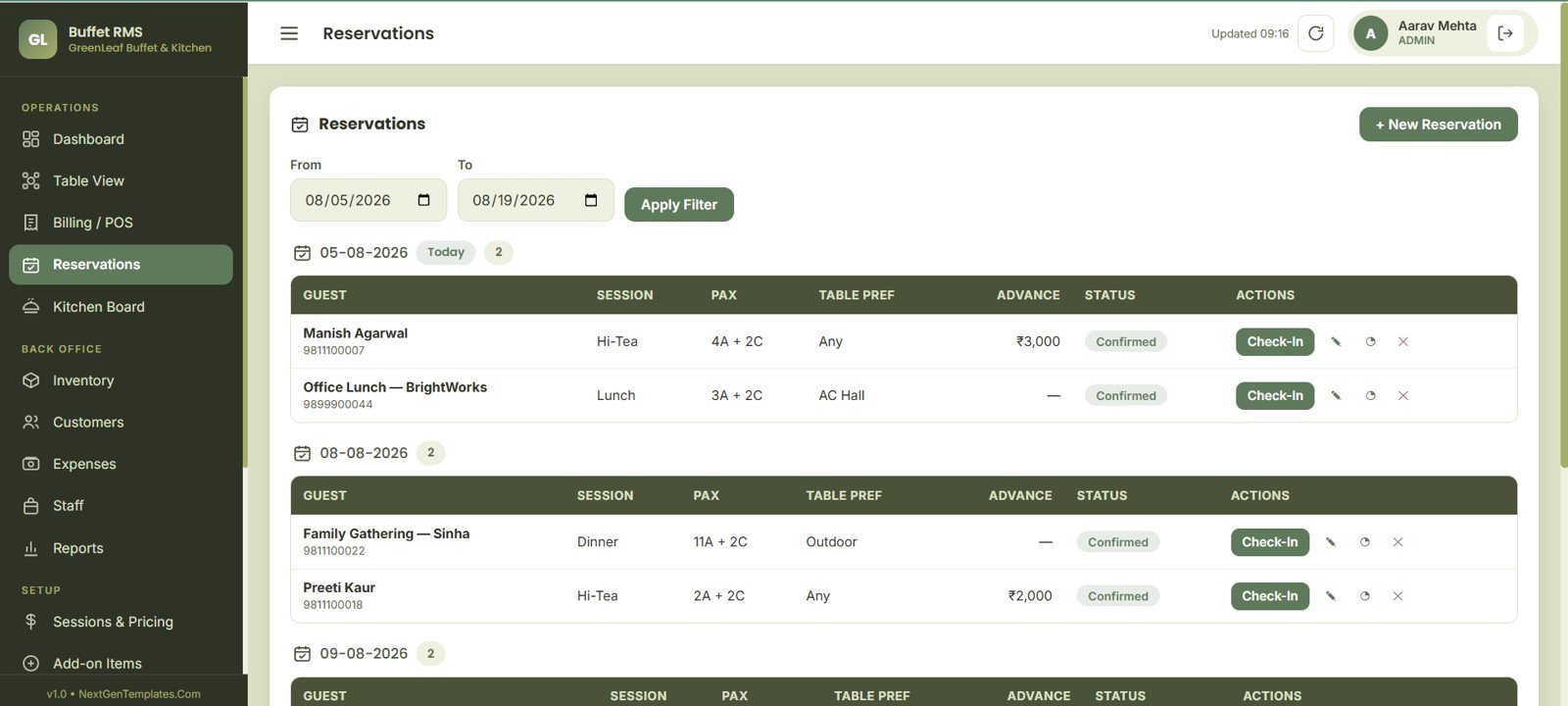 Buffet Restaurant Management System reservations page