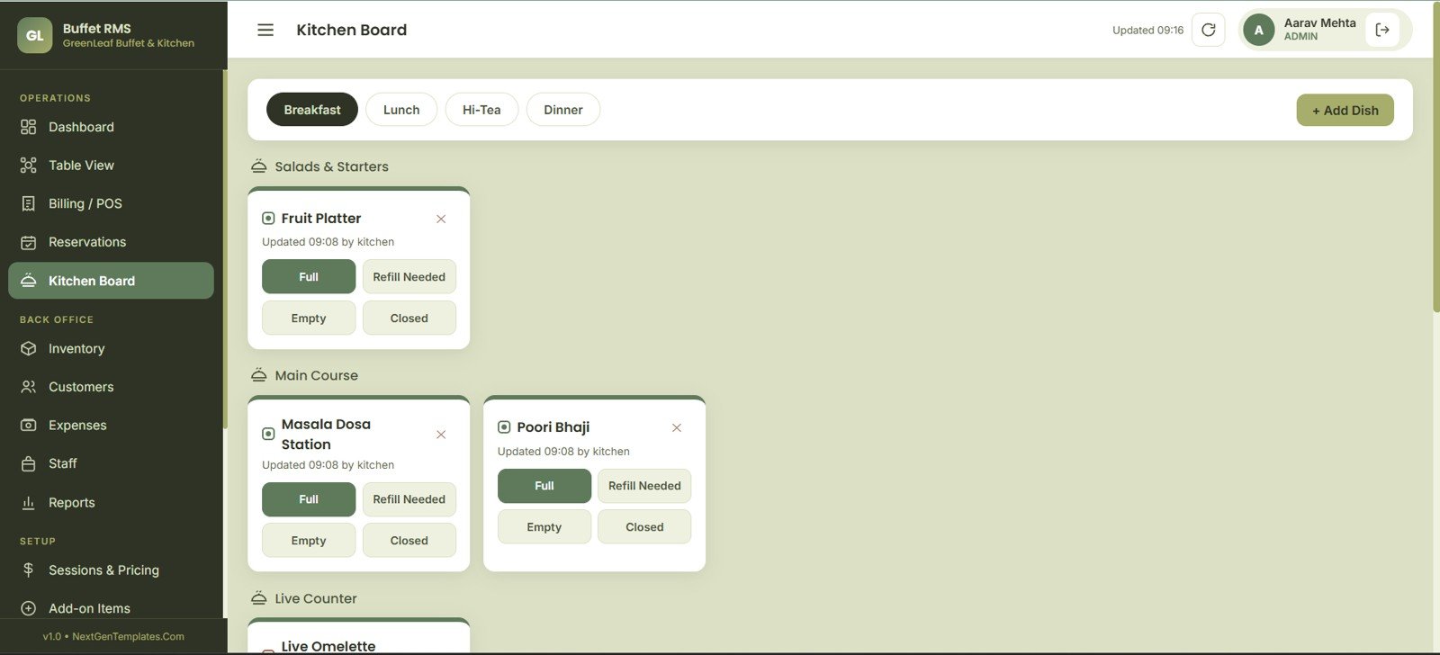 Buffet Restaurant Management System kitchen board page