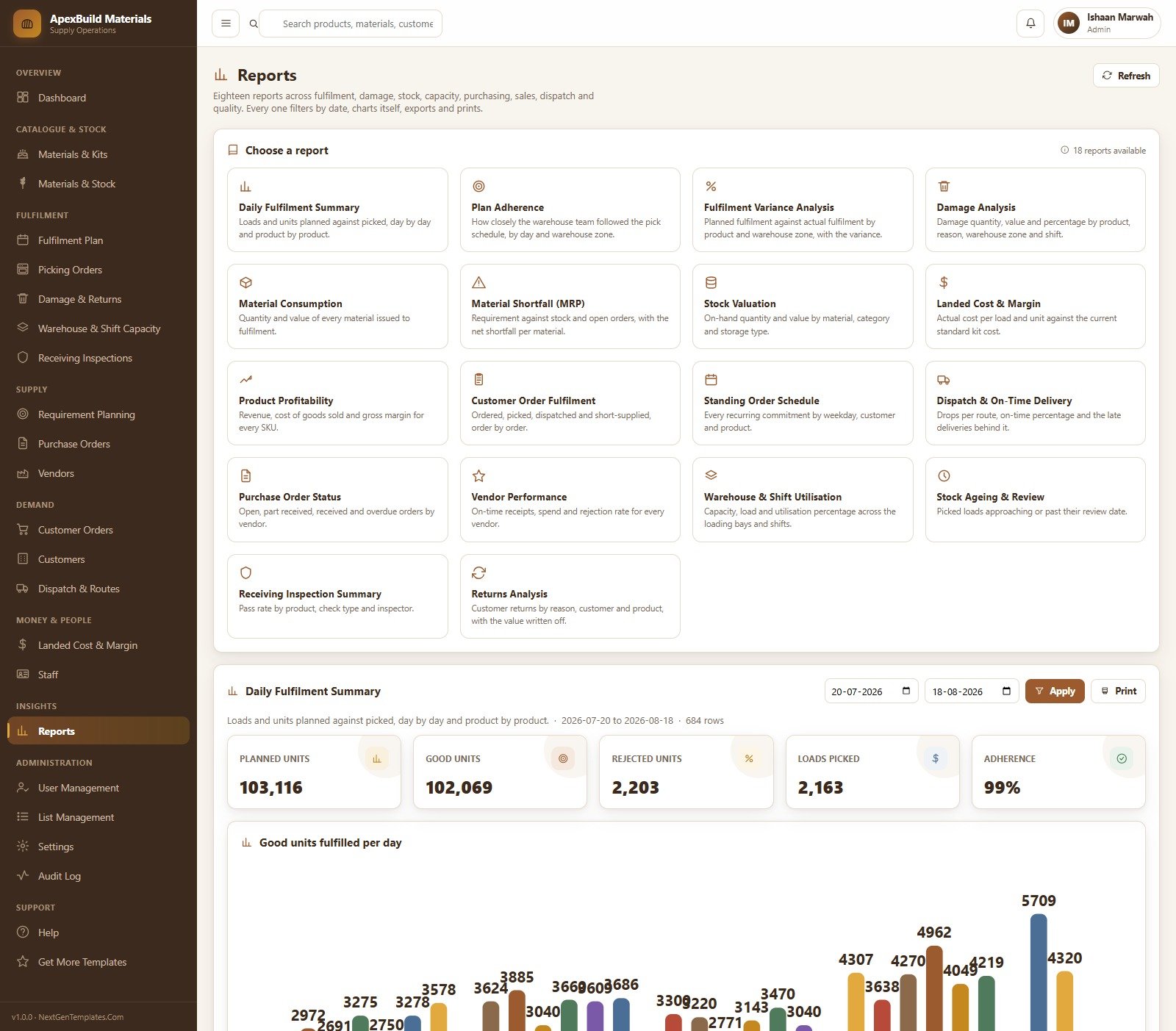 Reports screen listing eighteen available reports