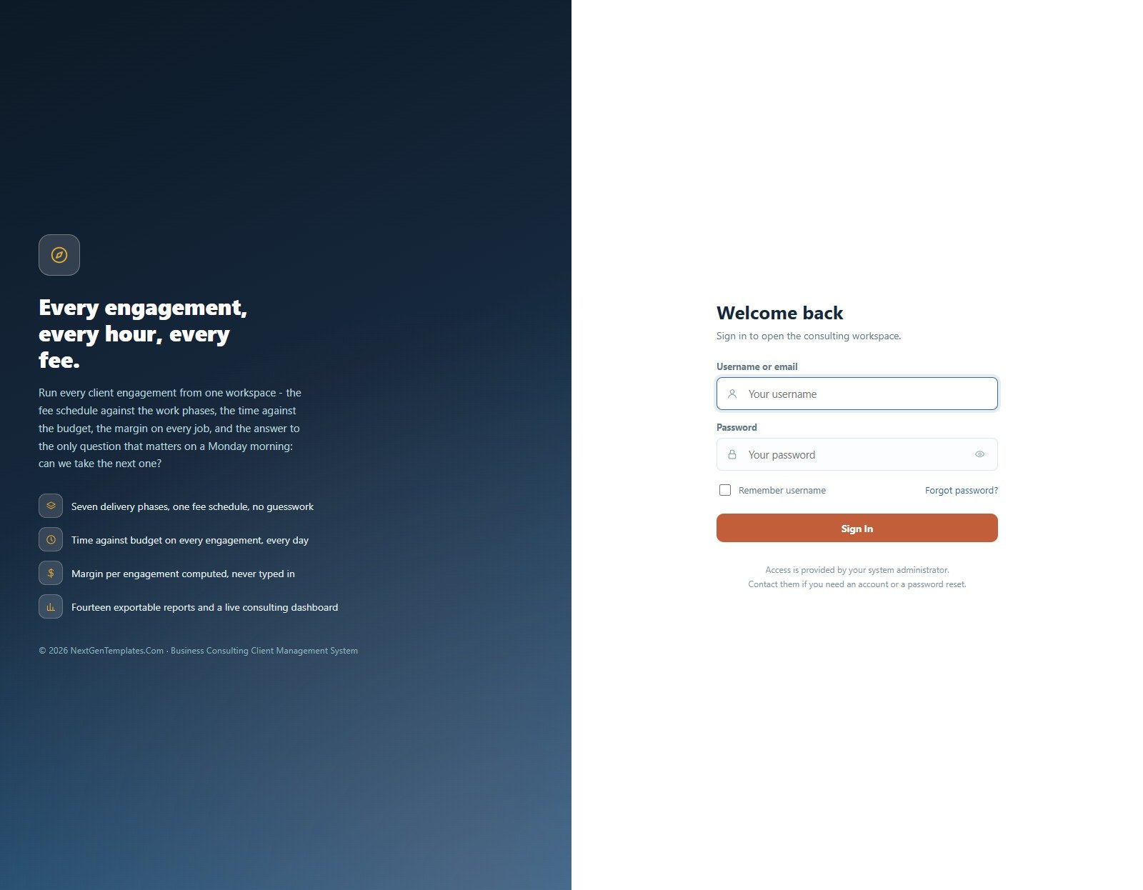 Business Consulting Client Management System Web App sign-in screen