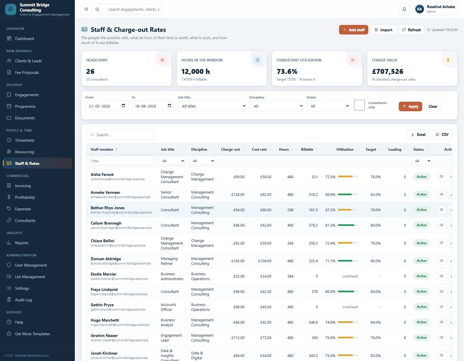Business Consulting Client Management System Web App - Staff and Charge-out Rates