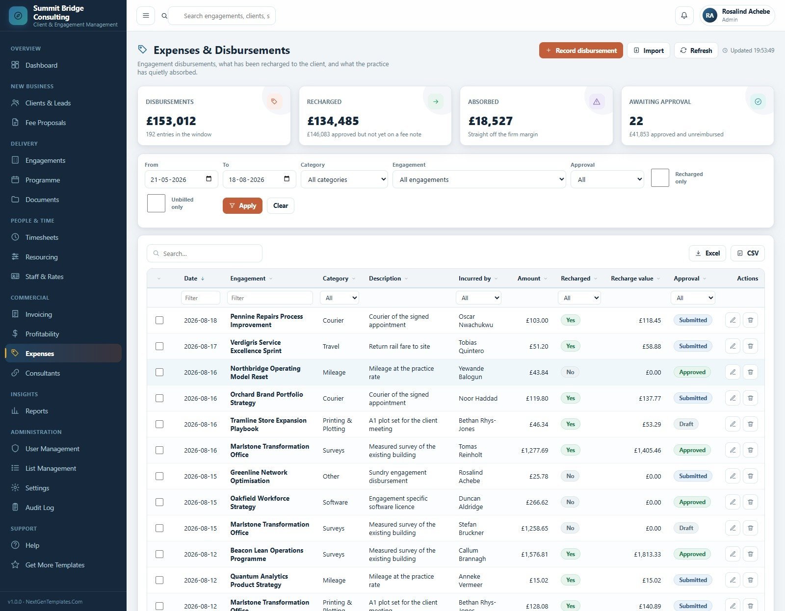 Business Consulting Client Management System Web App - Expenses and Disbursements