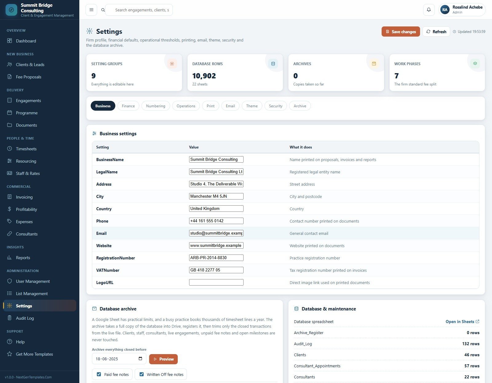 Business Consulting Client Management System Web App - Settings