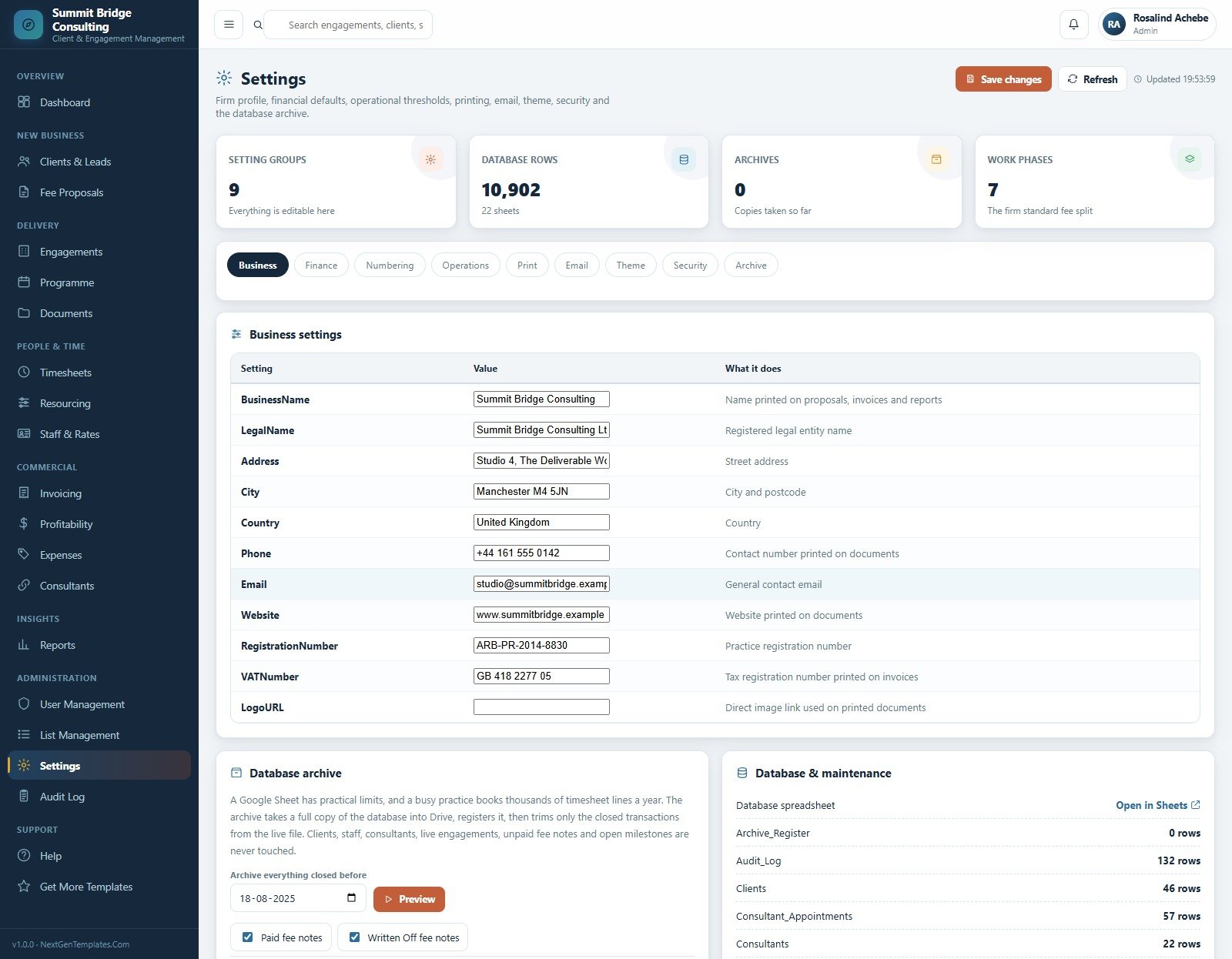 Settings and database archive screen