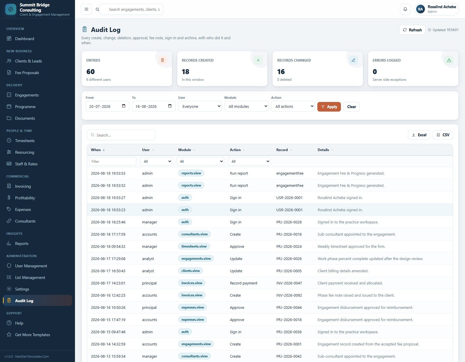 Business Consulting Client Management System Web App - Audit Log