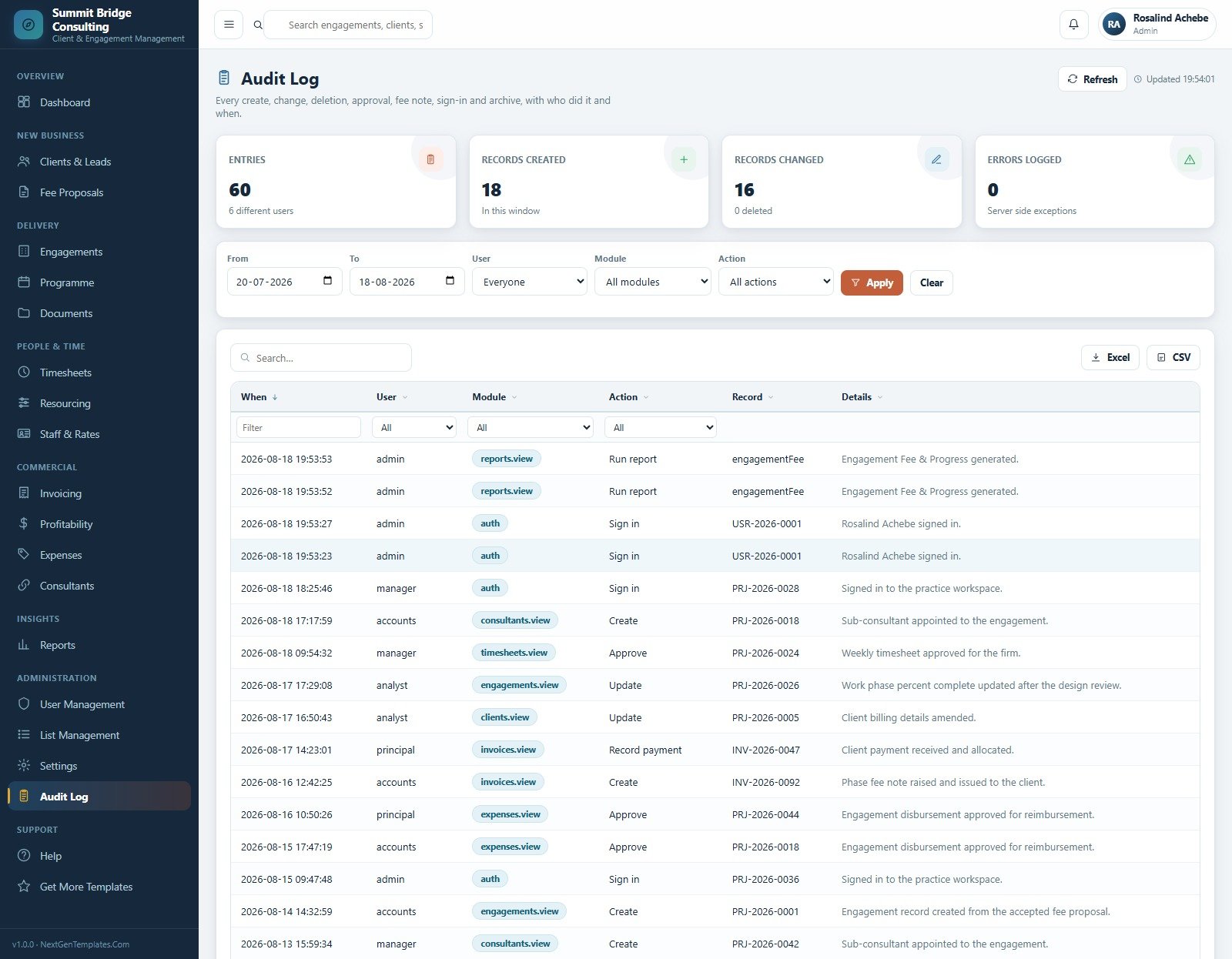 Audit Log screen