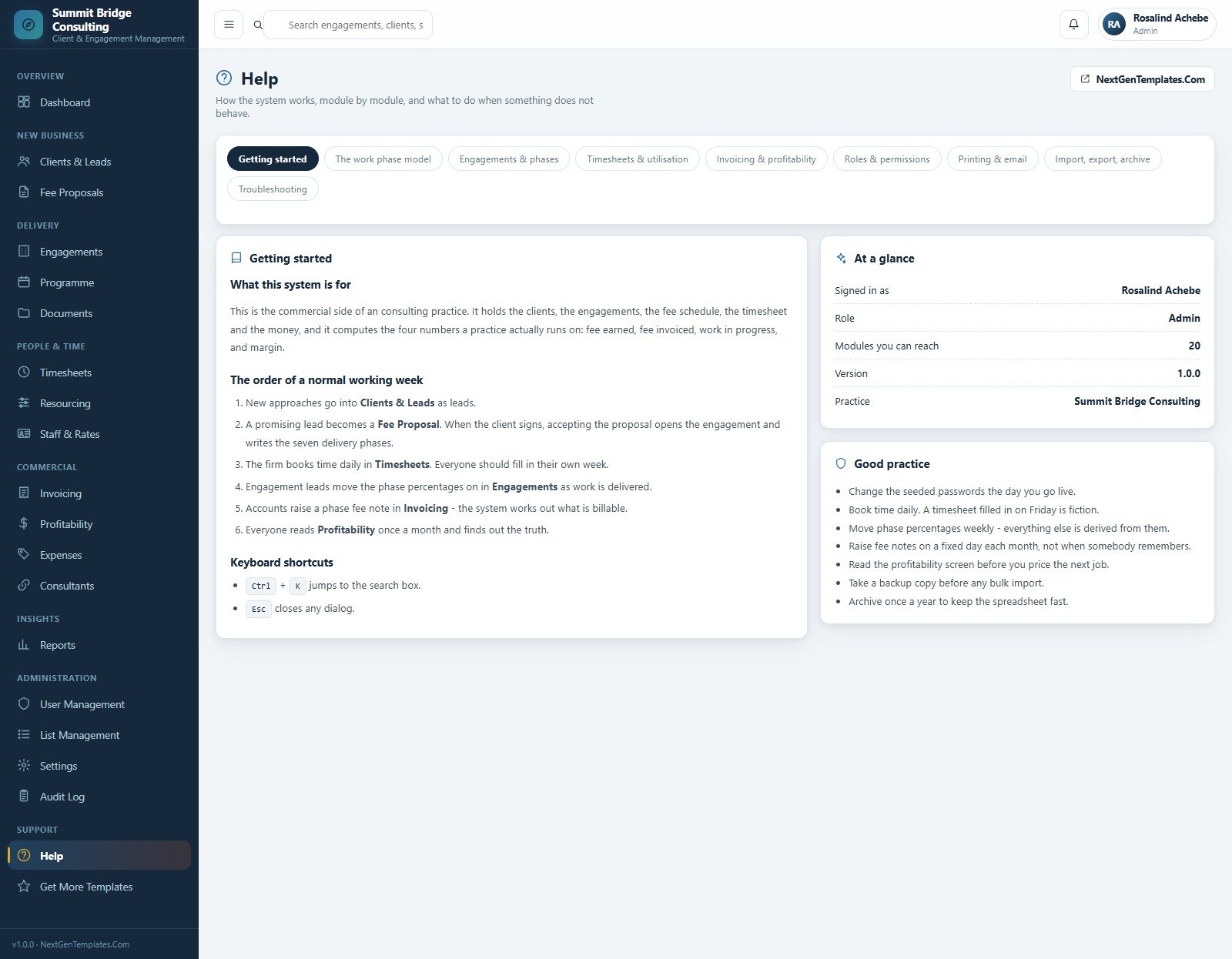 In-app Help and good practice guidance