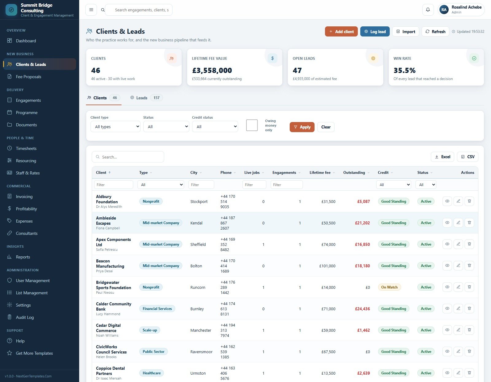 Clients and Leads register in the consulting client management web app