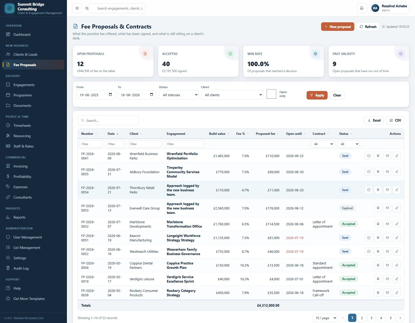 Fee Proposals and Contracts screen in the consulting management system