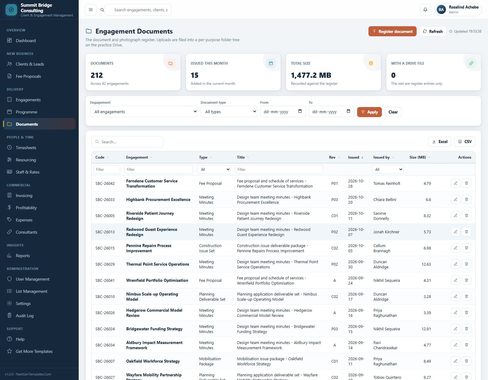 Engagement Documents register