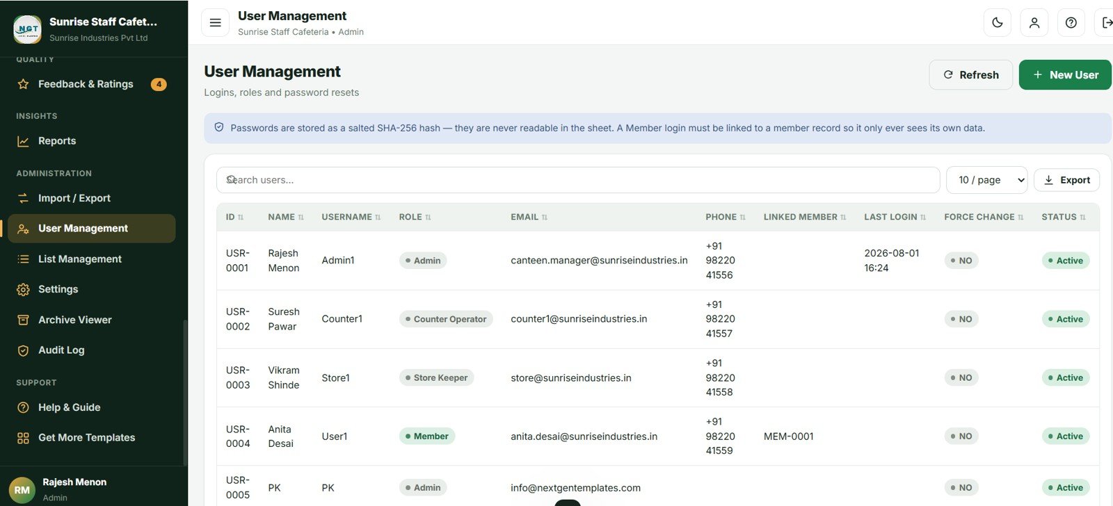 Cafeteria and Canteen Management System Web App wallet and recharge ledger