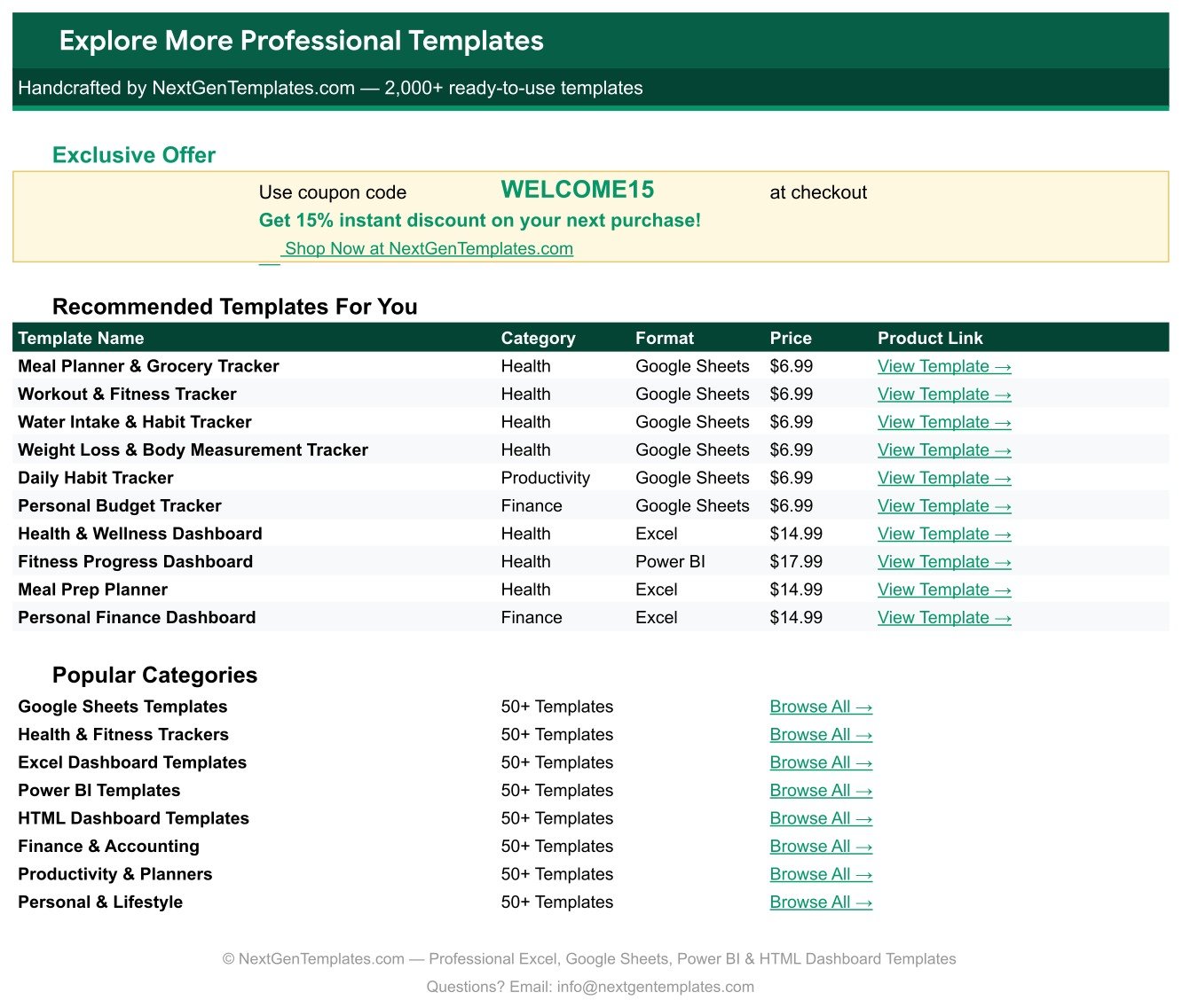 Explore More Professional Templates sheet with the WELCOME15 coupon and recommended templates table