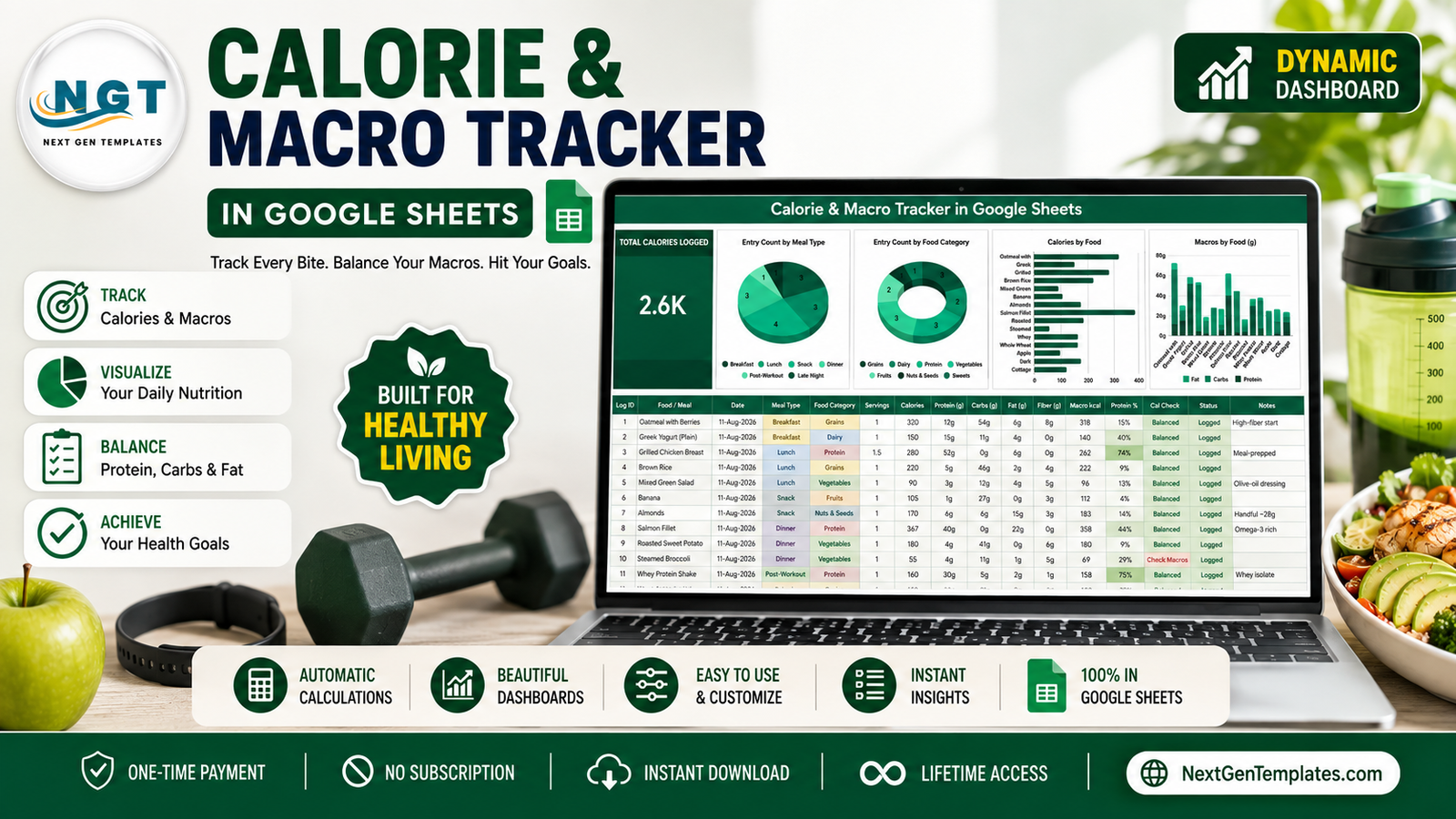 Calorie & Macro Tracker in Google Sheets shown on a laptop with its charts and food log table