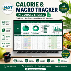 Calorie & Macro Tracker in Google Sheets product cover showing the tracker on a laptop