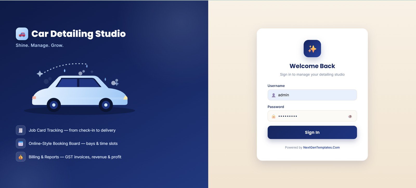 Car Detailing Studio Management System Web App login and welcome screen