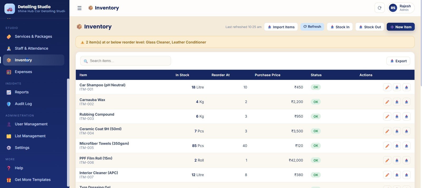 Inventory page for stock quantity reorder level purchase price and low stock alerts