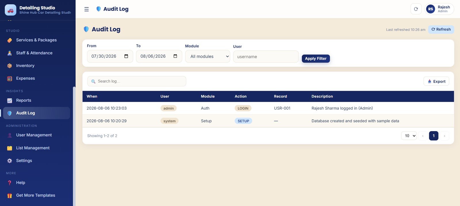 Audit log page with activity by user module action and record changes