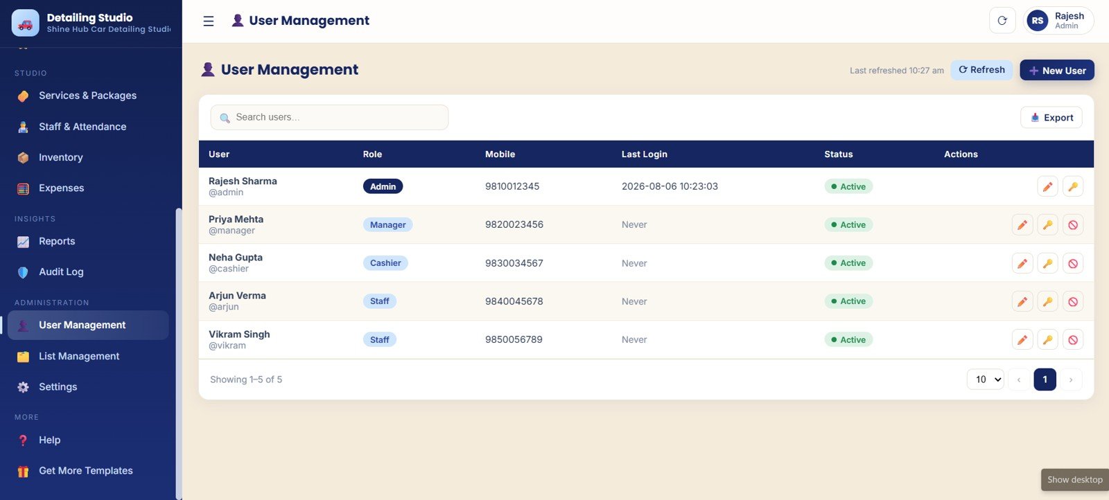 User management page with users roles last login status and access actions