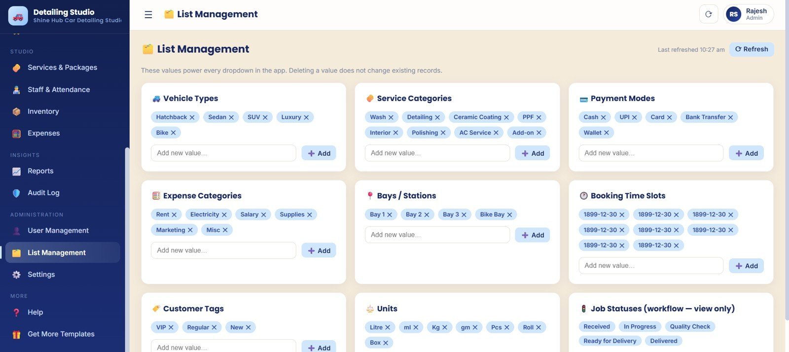 List management page for vehicle types service categories payment modes bays time slots and job statuses