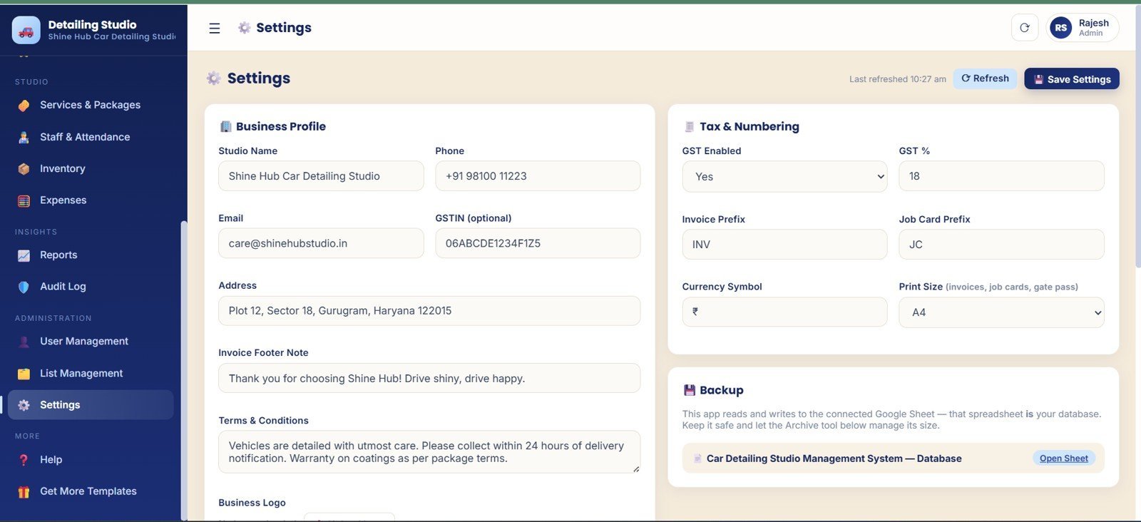 Settings page for business profile tax settings numbering print setup and connected Google Sheet backup