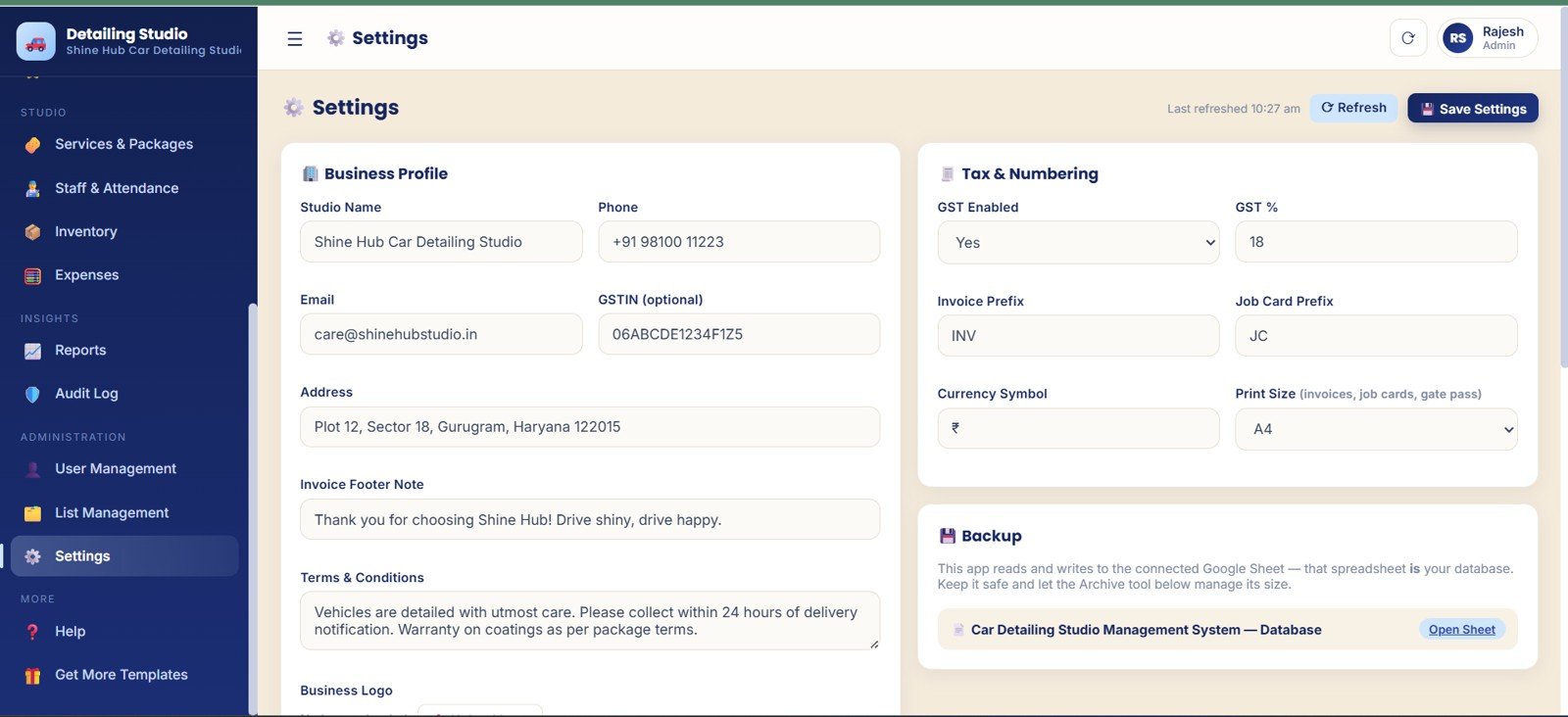 Settings page with business profile GST tax settings numbering print setup and connected Google Sheet backup