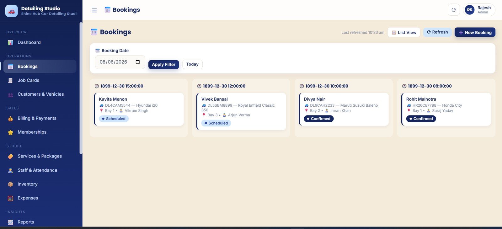 Bookings page with booking dates time slots customer vehicle bay allocation status and detailer assignment