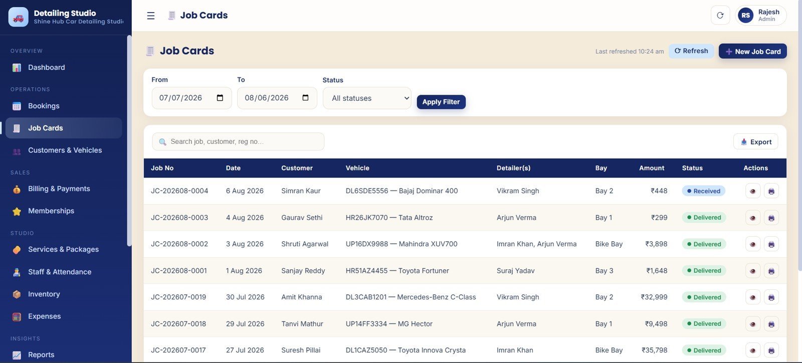 Car detailing job card workflow with customer vehicle detailer bay amount and status