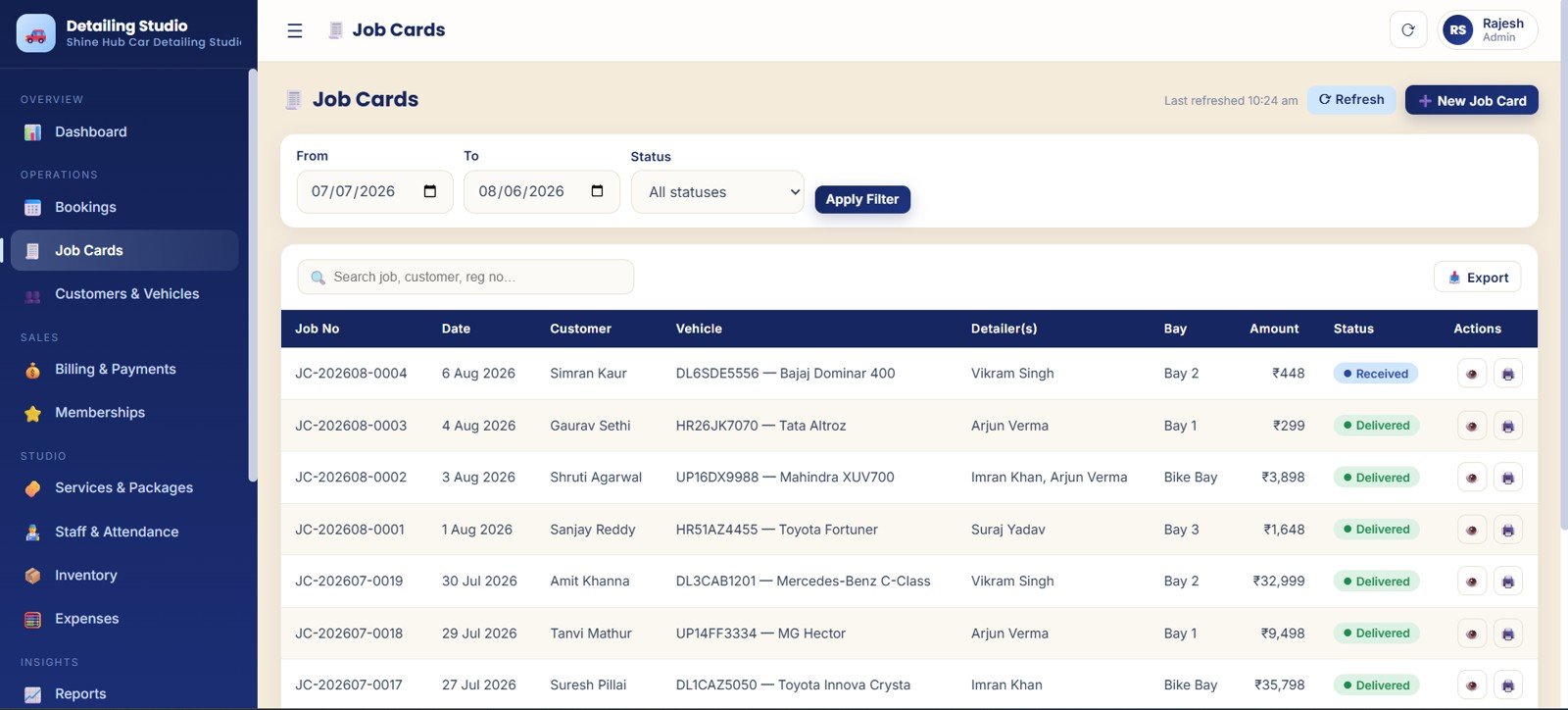 Job cards page for detailing jobs by customer vehicle detailer bay amount and workflow stage