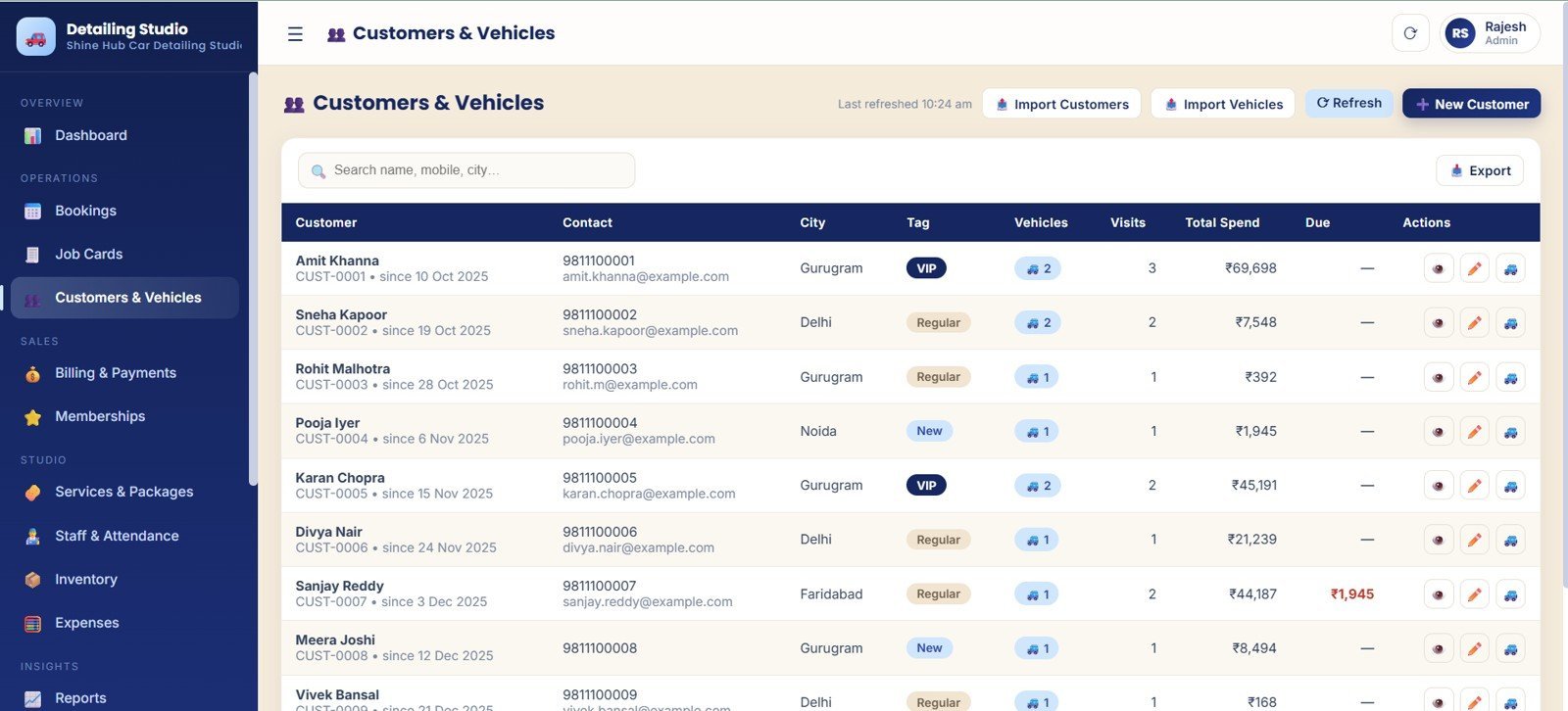 Customer and vehicle database for a car detailing studio