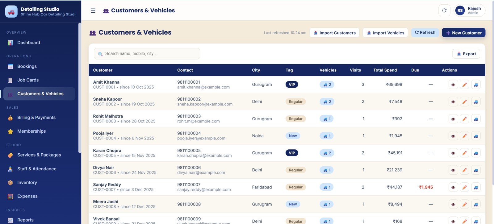 Customers and vehicles page with city customer tag vehicle visits total spend and due amount