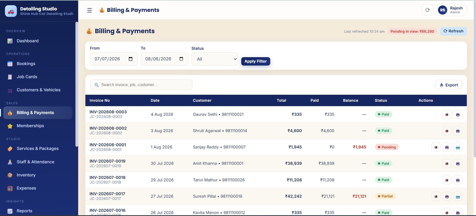Billing and payments page with invoice totals paid amount balance amount payment status and pending amount