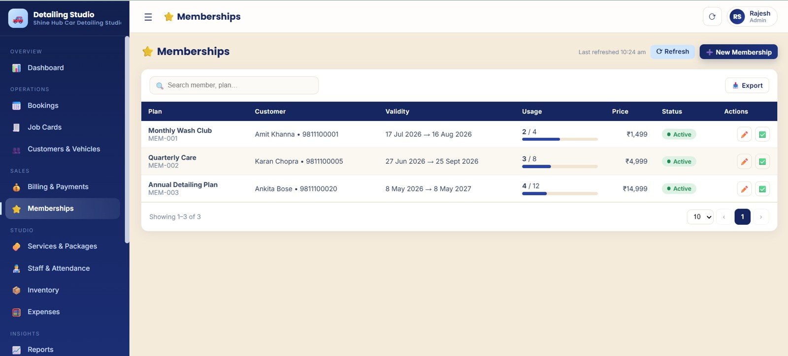 Memberships page with membership plans validity usage price and customer status