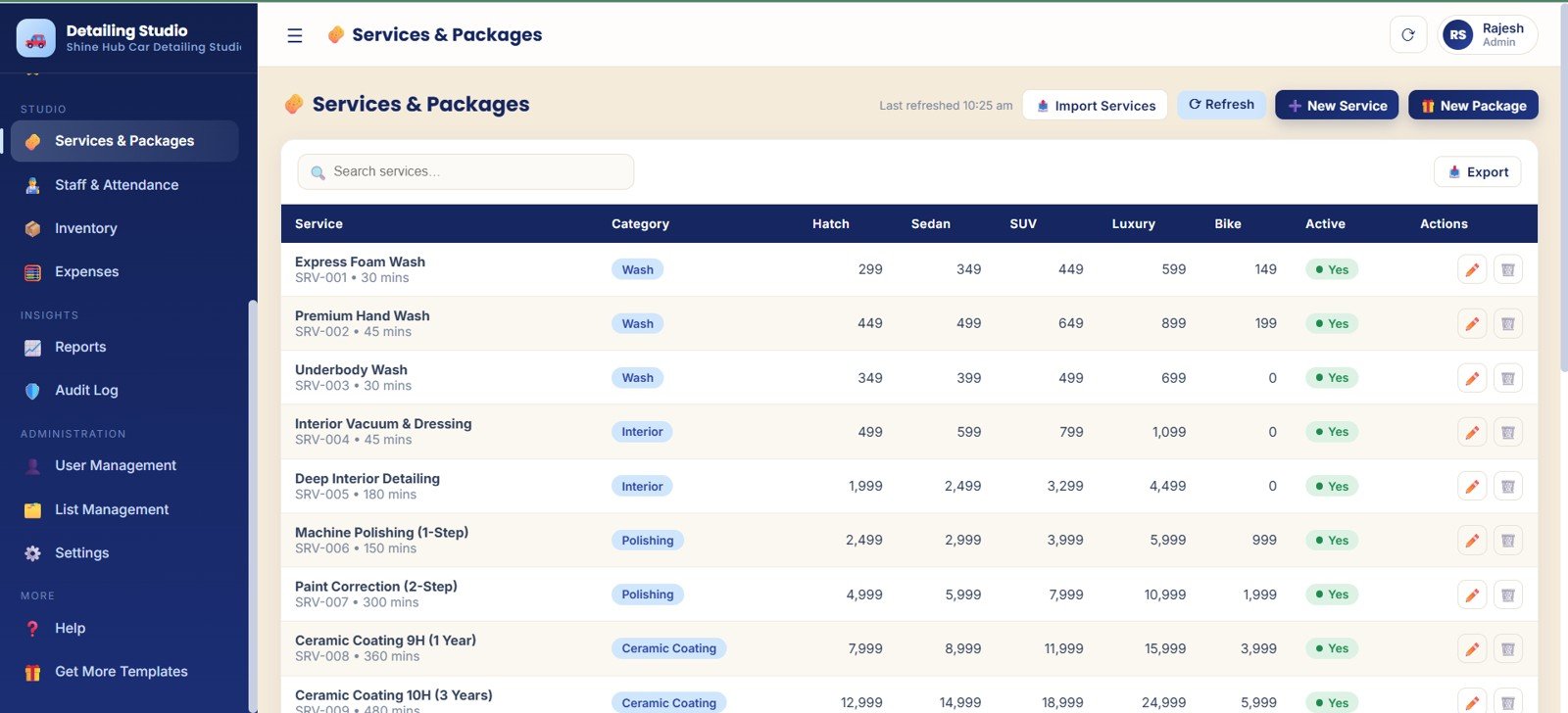 Services and packages page for service category duration vehicle type pricing active services and packages