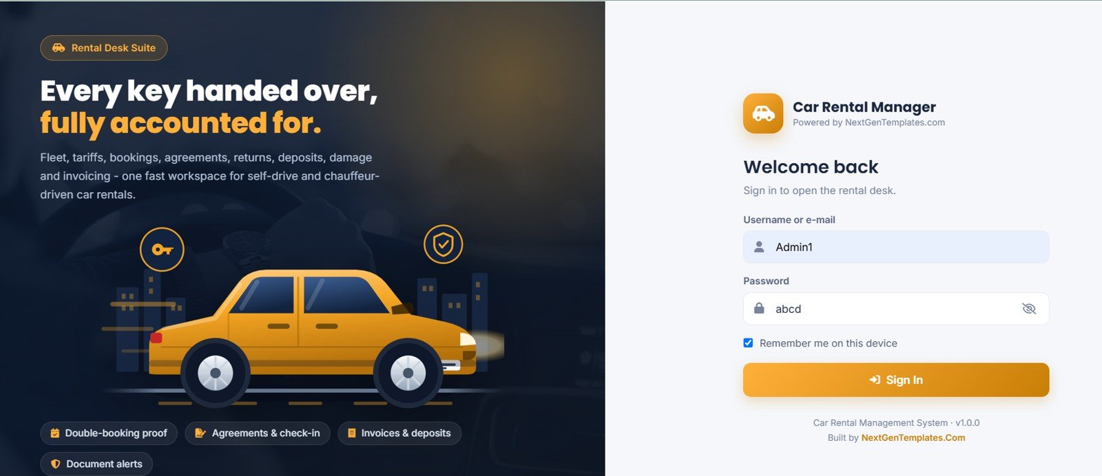 Car Rental Management System Web App - Login Page