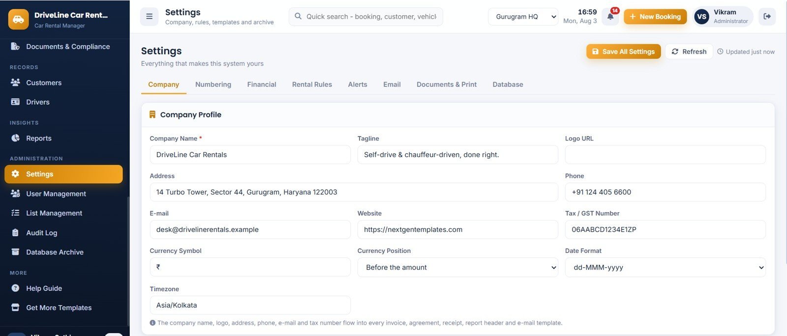 Car Rental Management System Web App - Settings