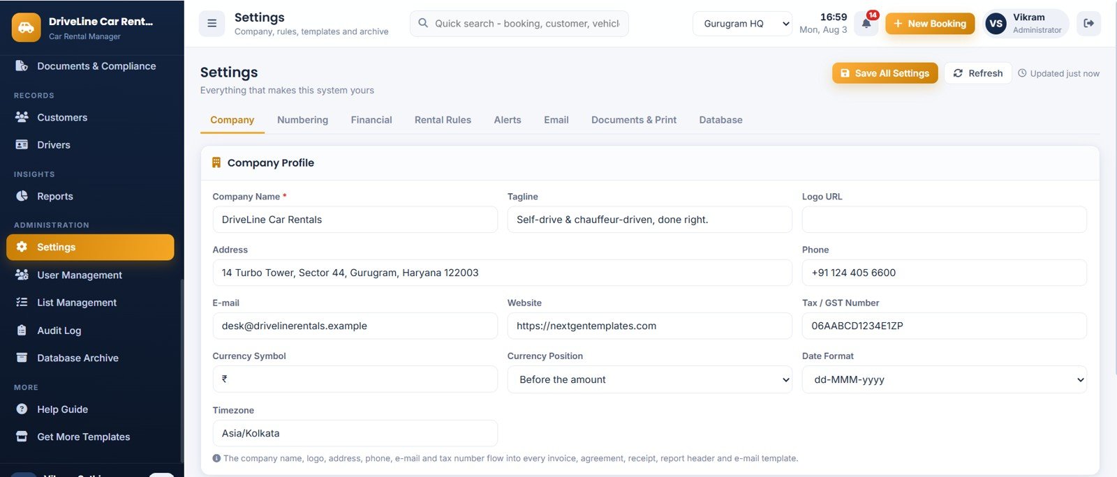 Car Rental Management System Web App - Settings