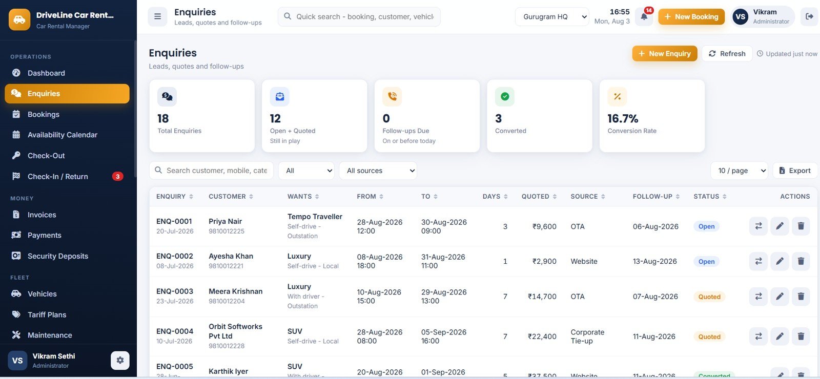 Car Rental Management System Web App - Enquiries