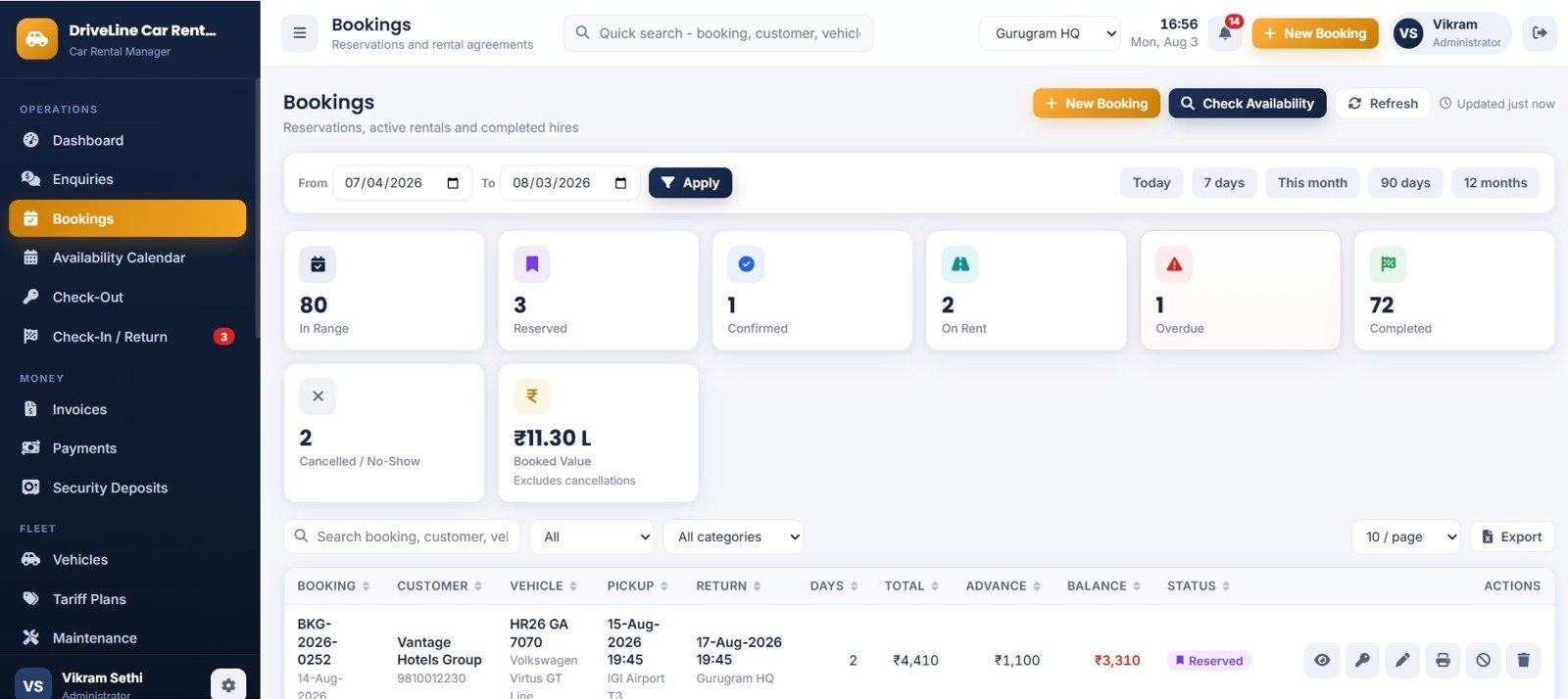 Car Rental Management System Web App - Bookings