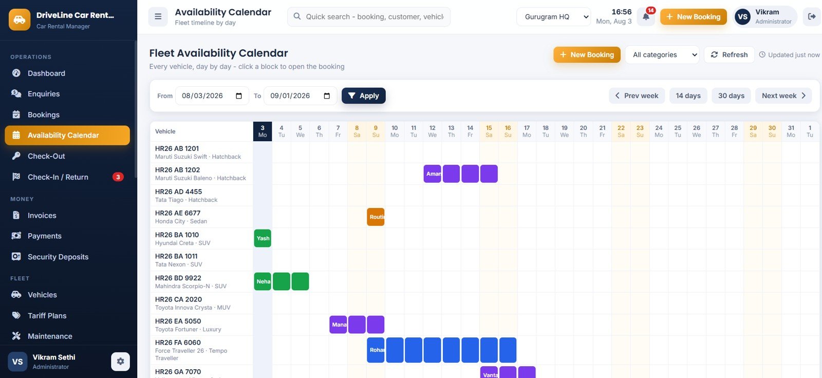 Car Rental Management System Web App - Fleet Availability Calendar