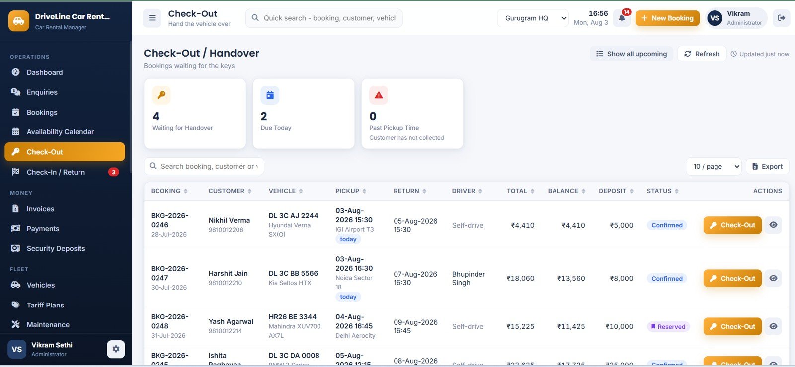 Car Rental Management System Web App - Check-Out and Handover