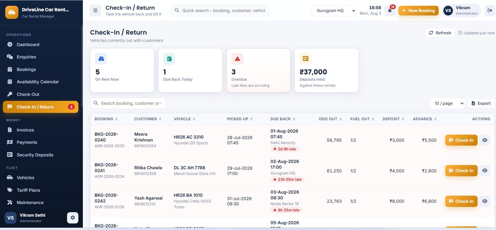 Car Rental Management System Web App - Check-In and Return