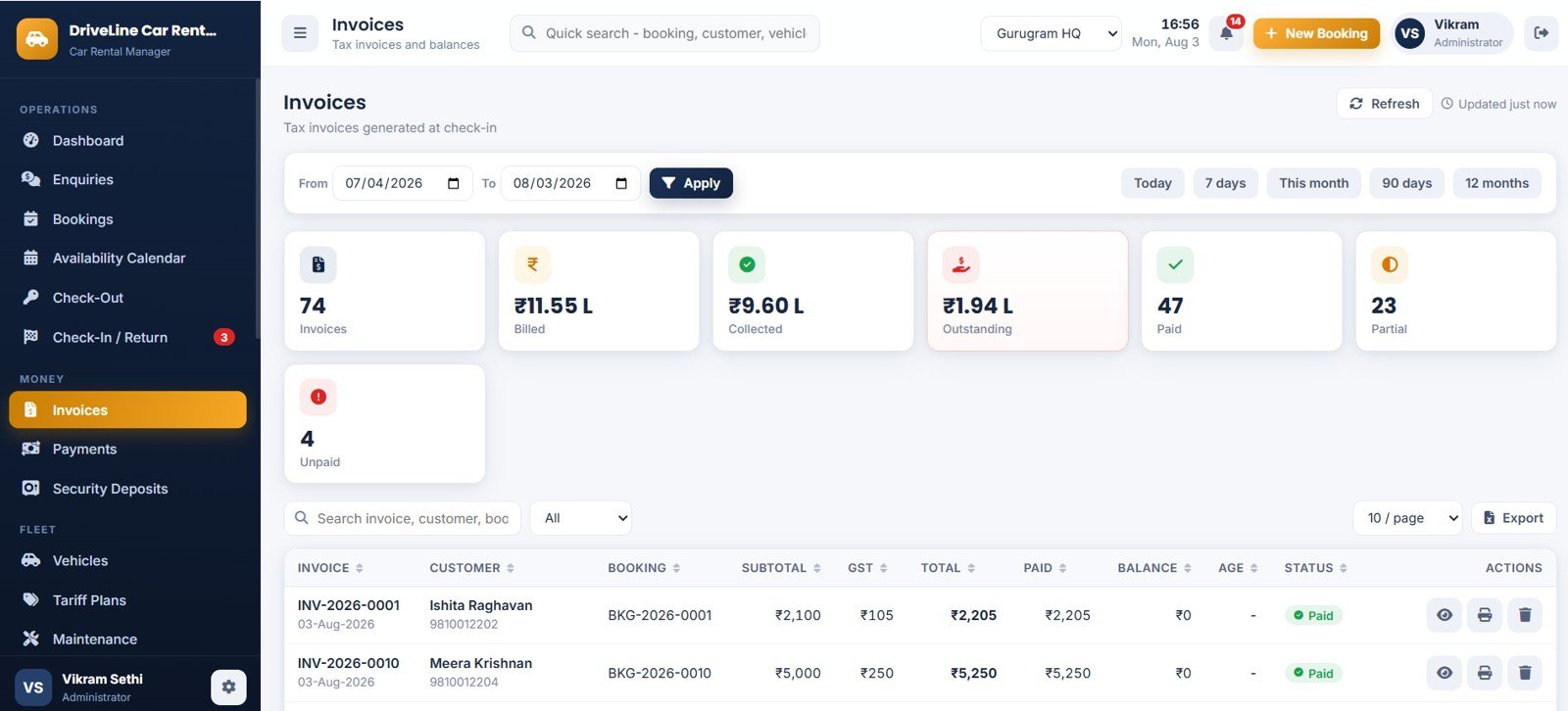 Car Rental Management System Web App - Invoices