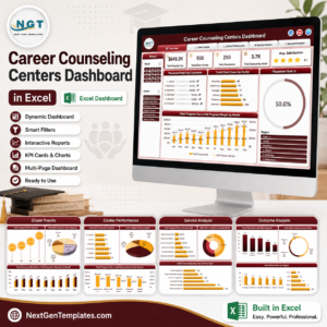 Career Counseling Centers Dashboard in Excel product cover showing the Overview page and four report pages