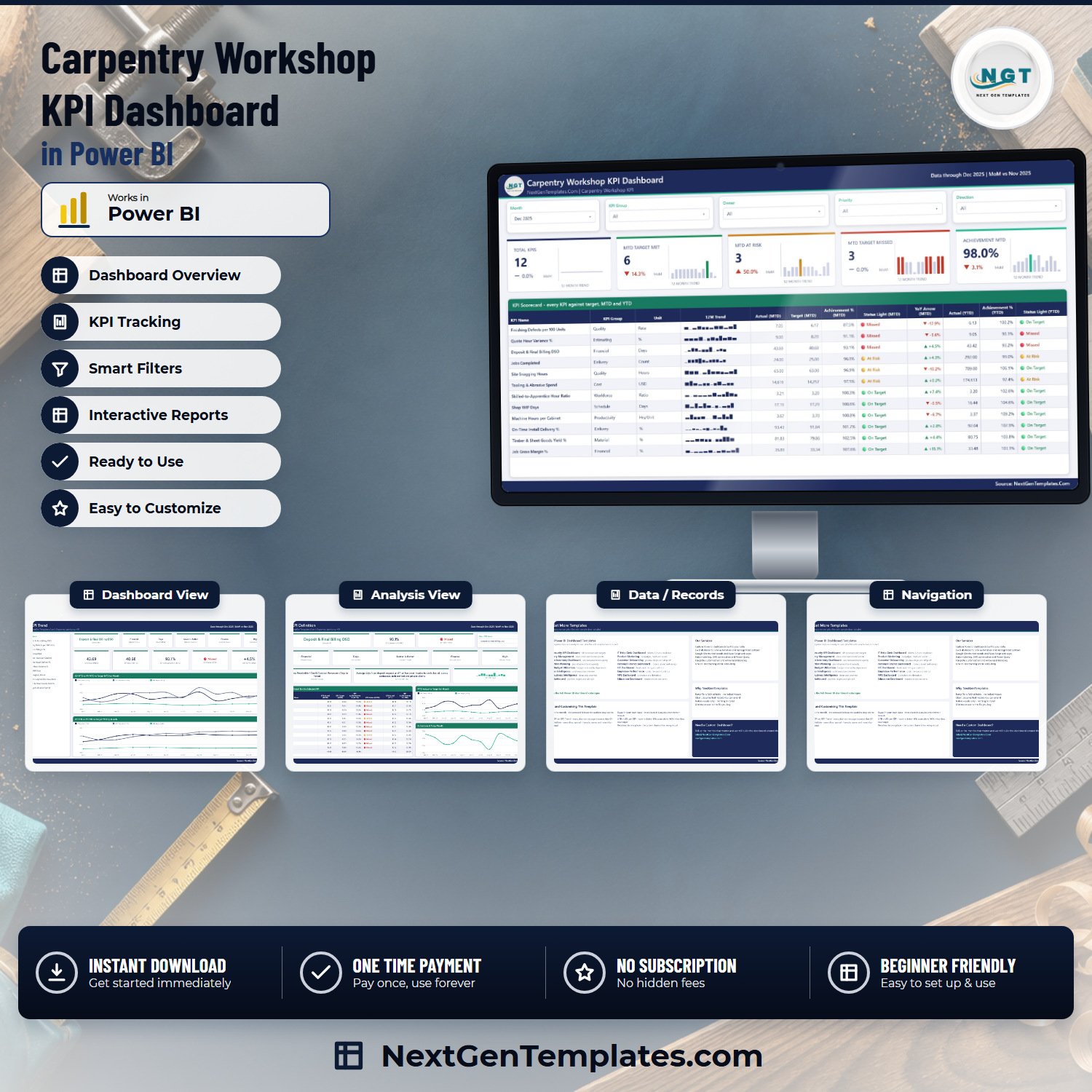 Carpentry Workshop KPI Dashboard in Power BI - product image