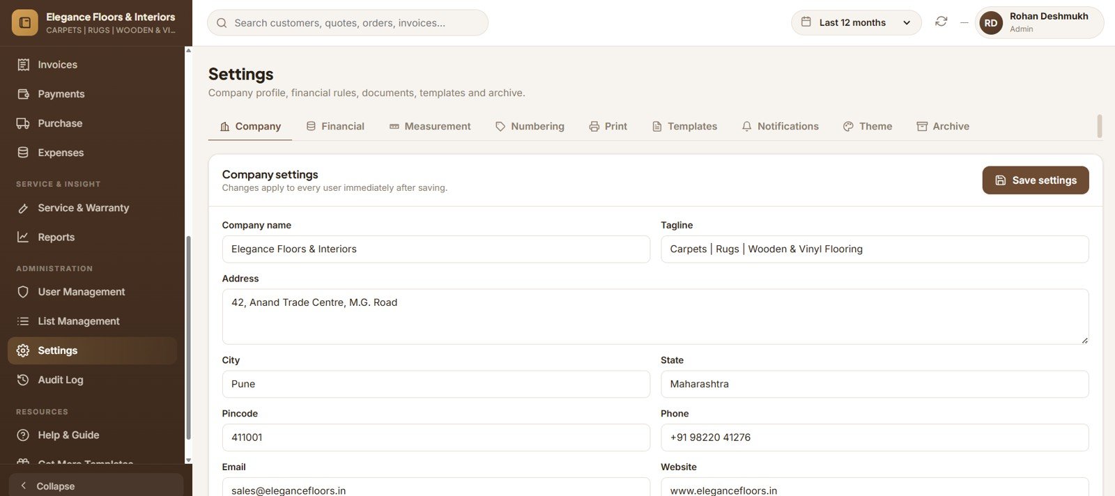 Carpet and Flooring Business Management System reports