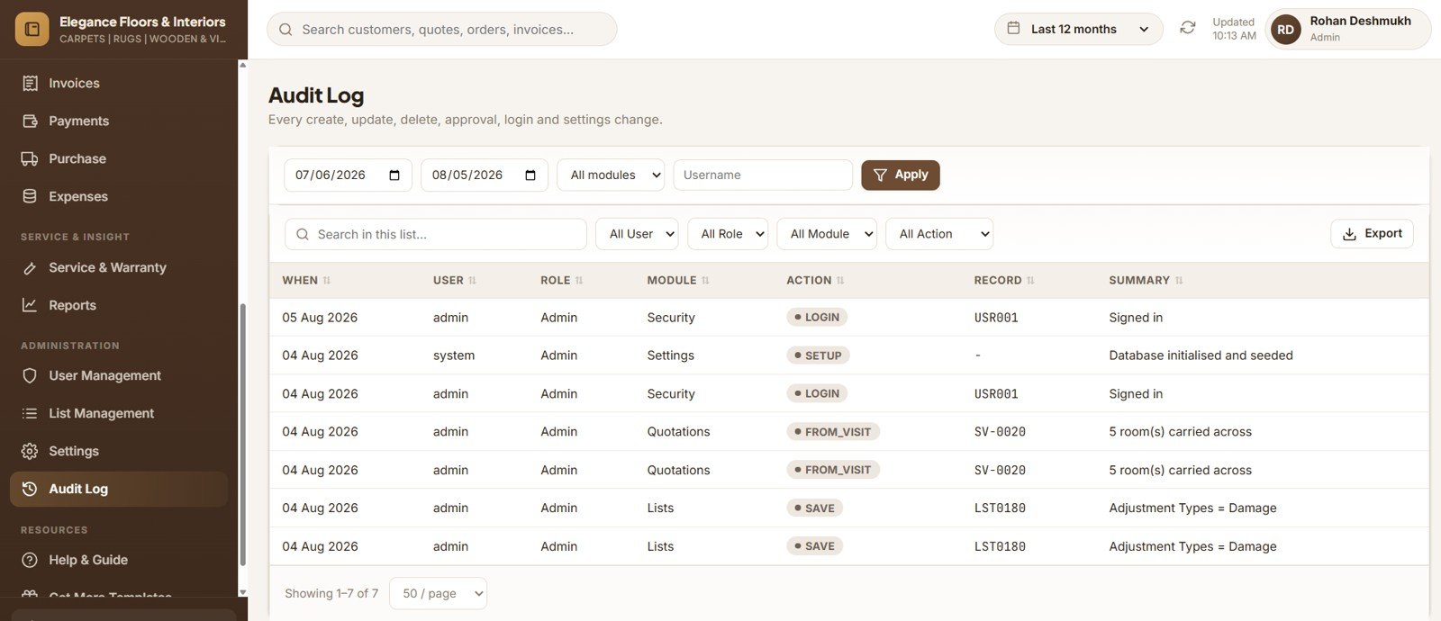 Carpet and Flooring Business Management System - Settings and Administration