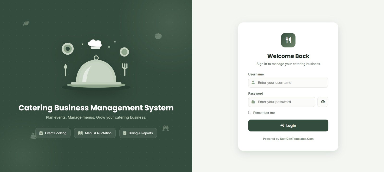 Catering Business Management System Web App login page