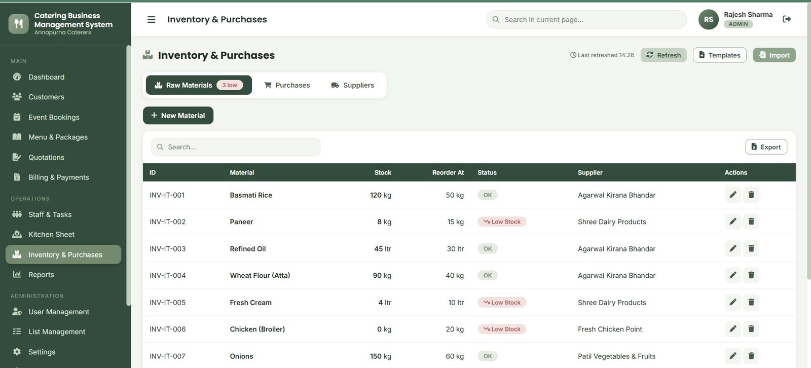 Catering inventory and purchases page with raw material stock reorder level and suppliers