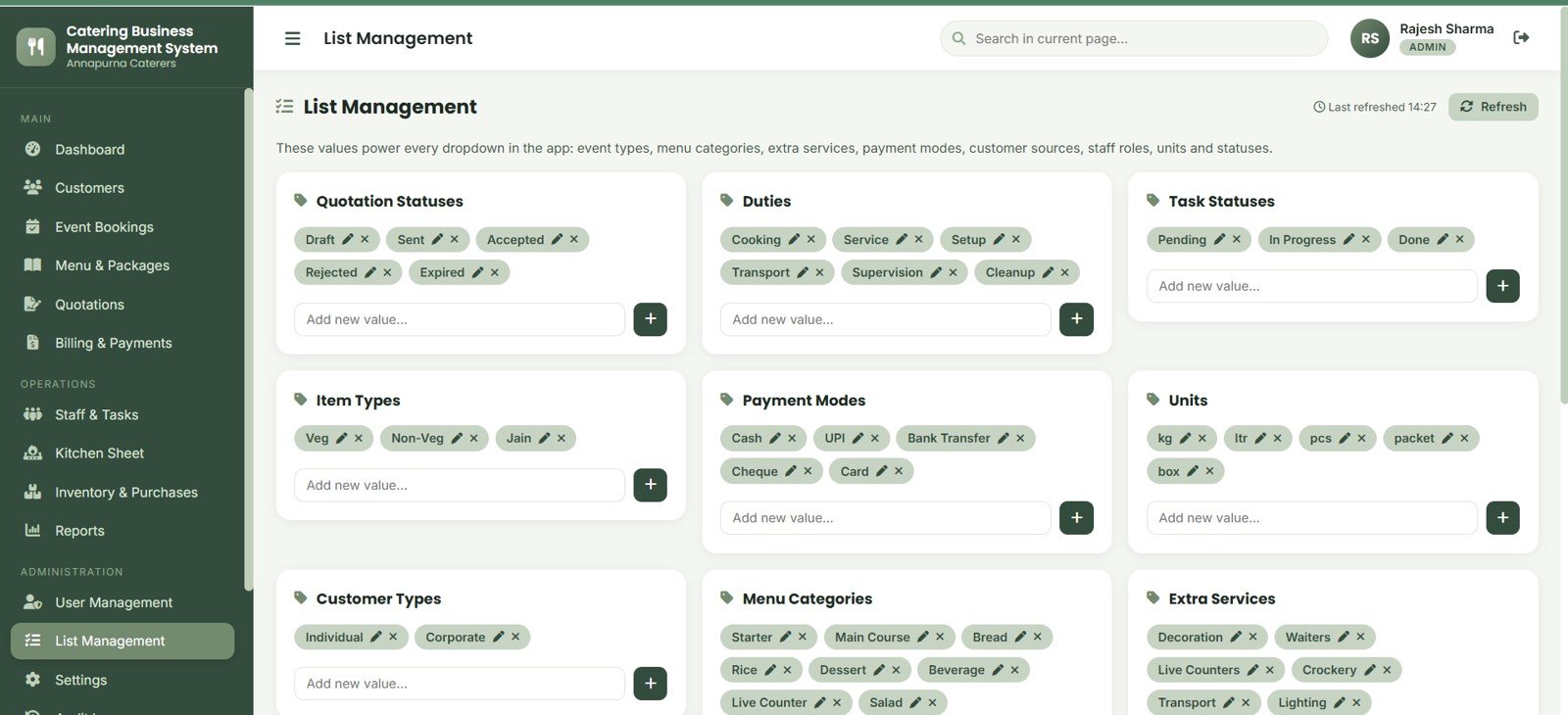 Catering list management page with statuses duties payment modes units and menu categories