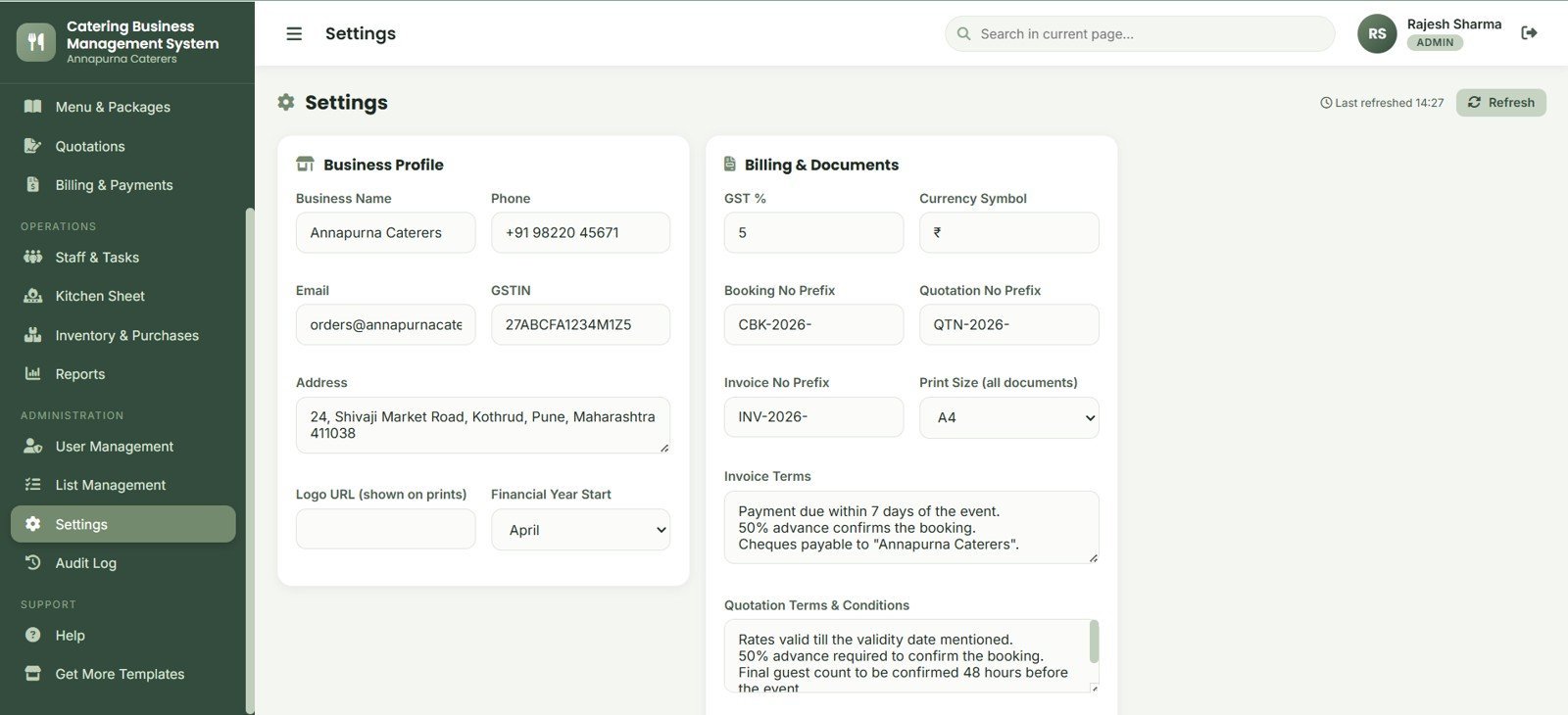 Catering Business Management System settings page